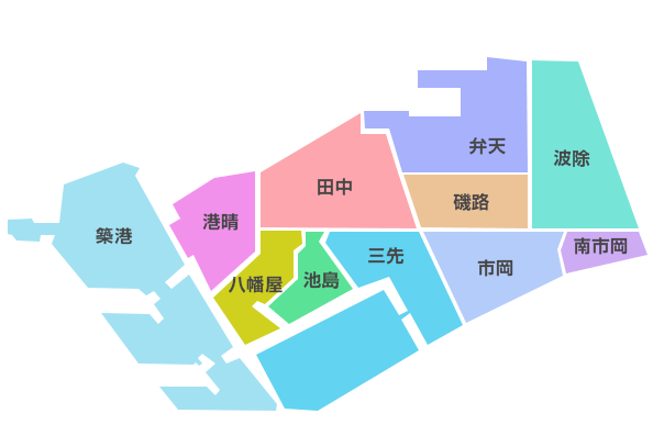 大阪港駅周辺と朝潮橋駅周辺と弁天町駅周辺に円上のリンクを示す港区の全域マップ
