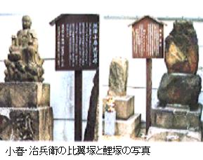 小春・治兵衛の比翼塚と鯉塚の写真
