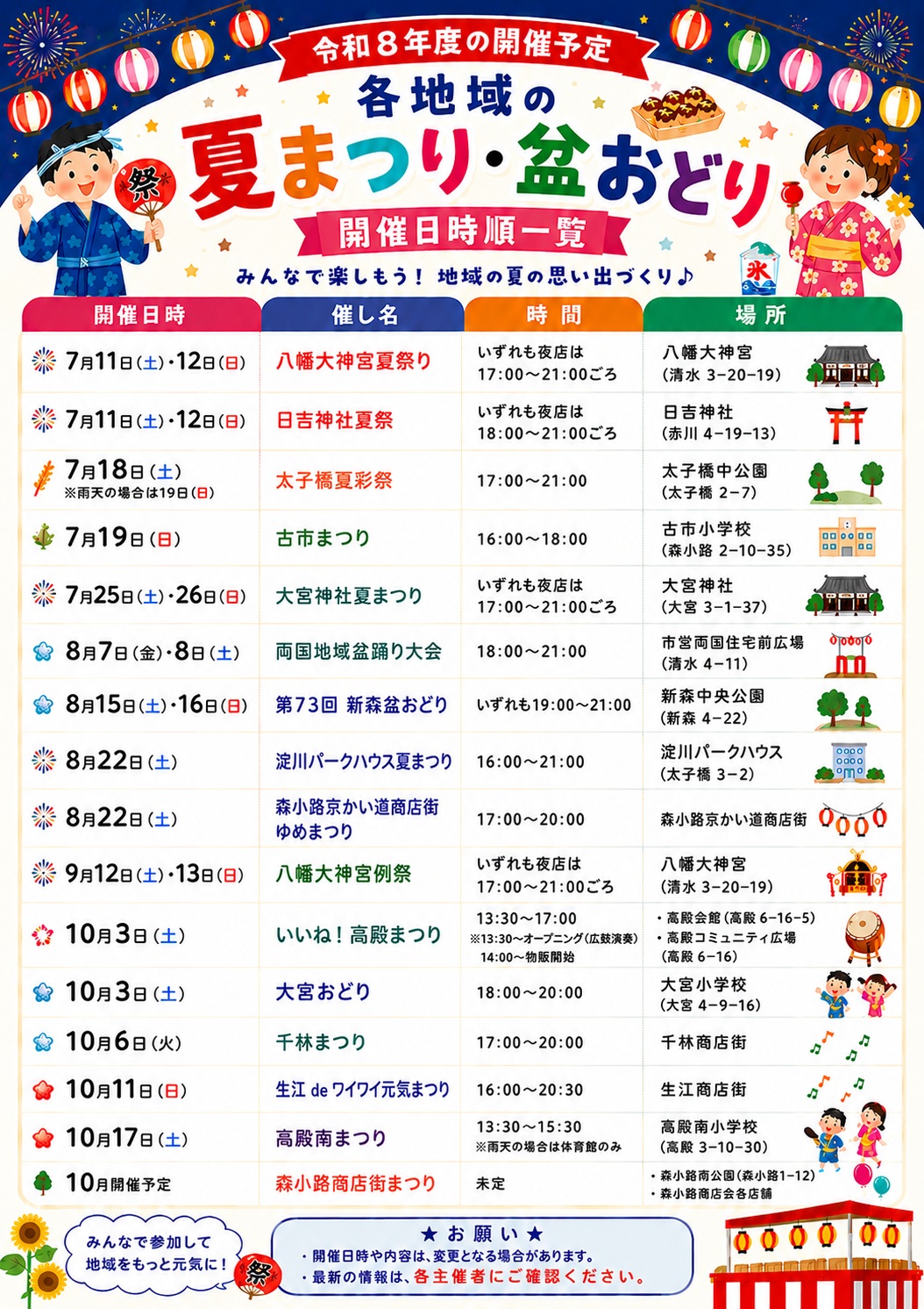夏祭り・盆踊り開催日時一覧