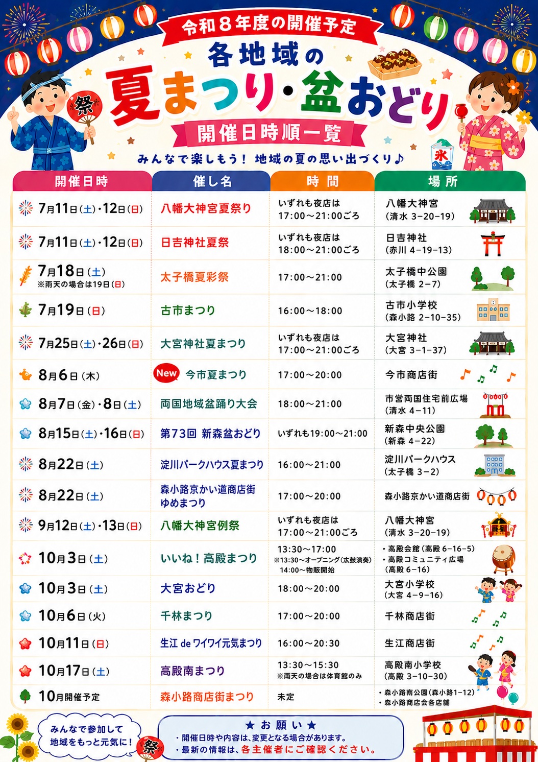 夏祭り・盆踊り開催日時一覧