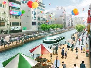 Image sketch of completed walkway (zone from Ebisu Bridge to Tazaemon Bridge: slated for completion in the fall of 2004)