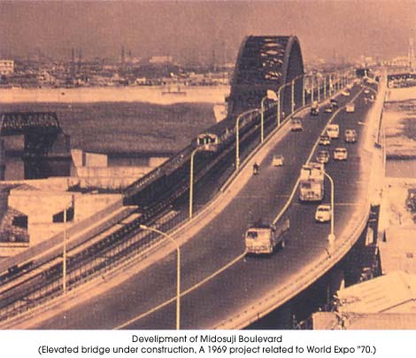 Development of Midosuji Boulevard (elevated bridge under construction, A 1969 project related to World Expo '70.)