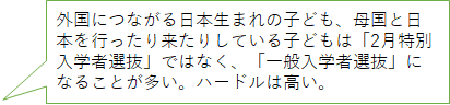 外国につながる日本生まれの子ども、母国と日本を行ったり来たりしている子どもは「2月特別入学者選抜」ではなく、「一般入学者選抜」になることが多い。ハードルは高い。