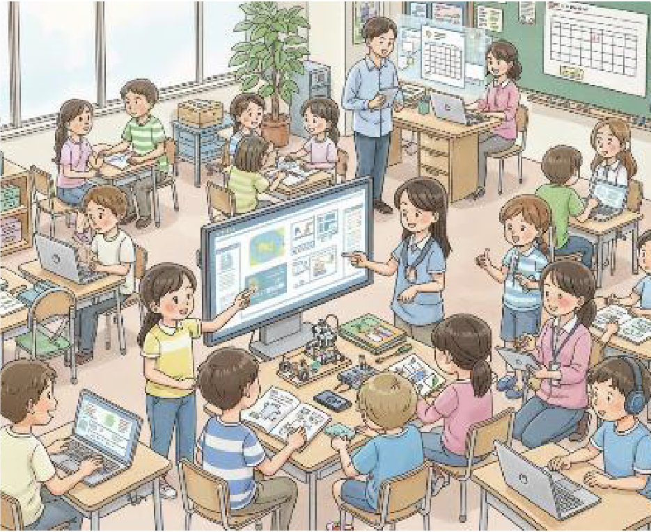 学校に通う子供たちがデジタル機器を使いながら学習をしているイラスト