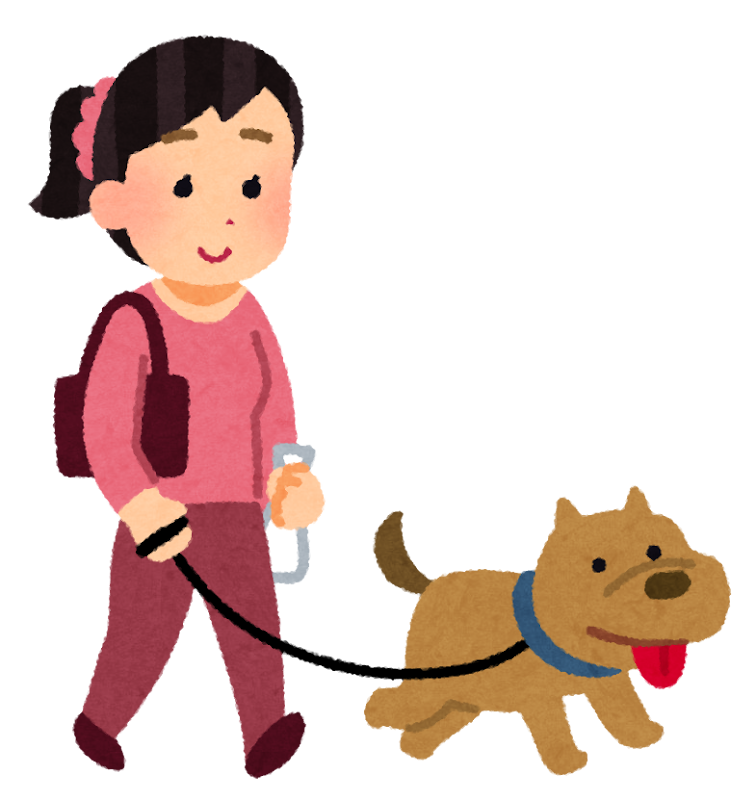 犬にリードをつけて散歩をしている女性のイラスト
