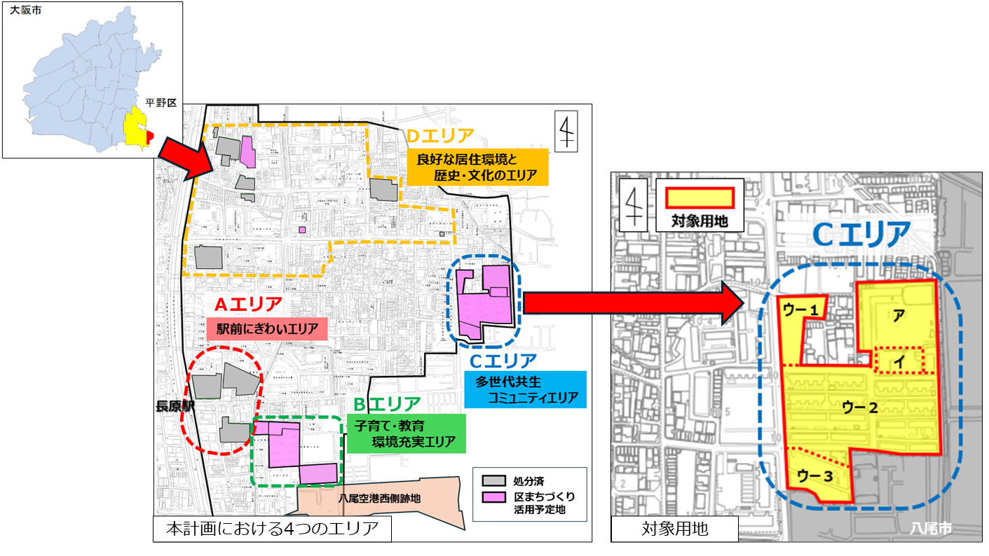 長吉地域東部の位置、長吉ウェルカムタウン計画における4つのエリア