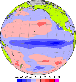 典型的なラニーニャ現象が発生している時の太平洋における海面水温の平年偏差（平年の12月と1988年12月の温度差を示した画像）