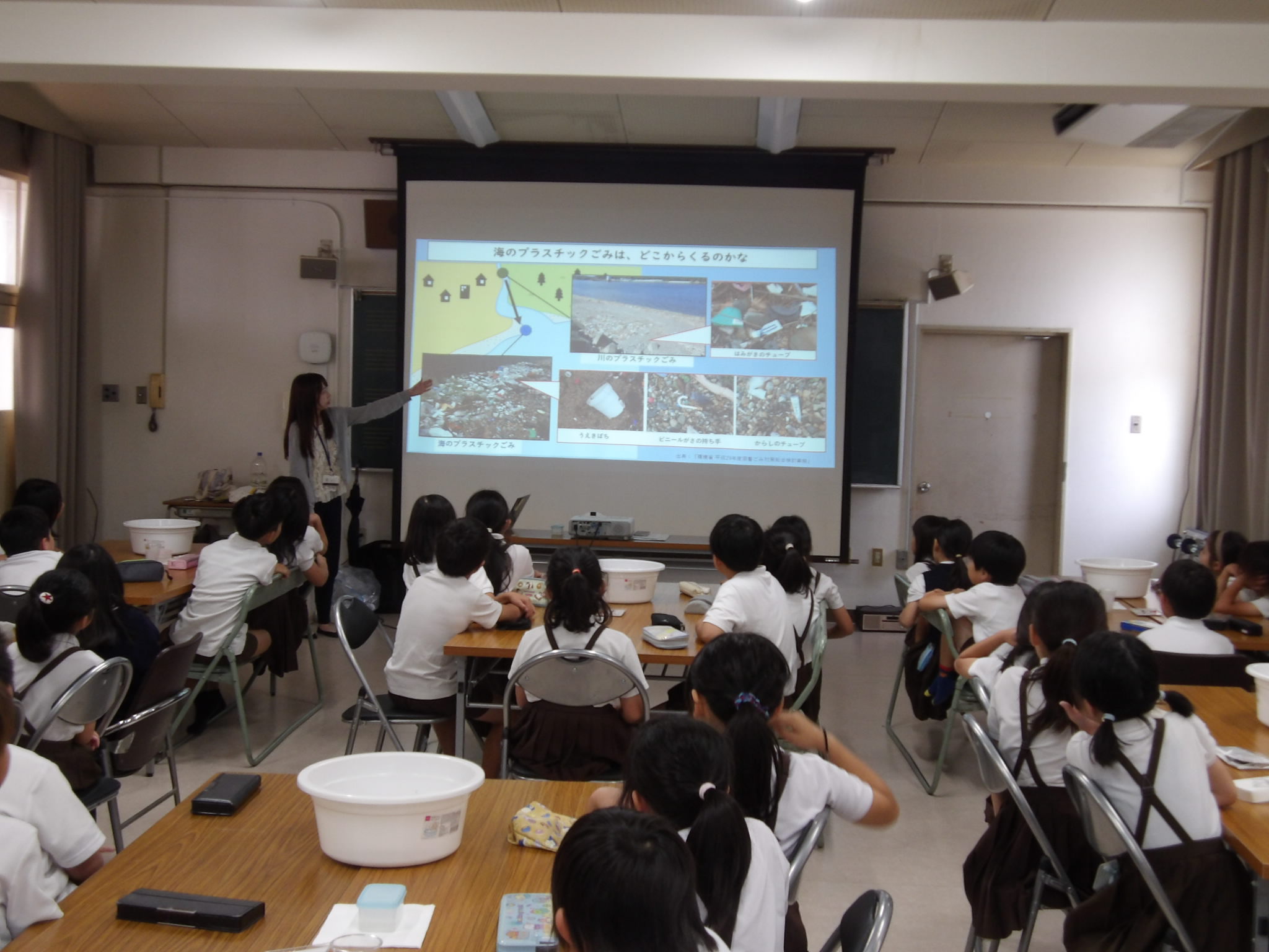 洋プラスチックごみ問題についてスライドを用いて説明している様子