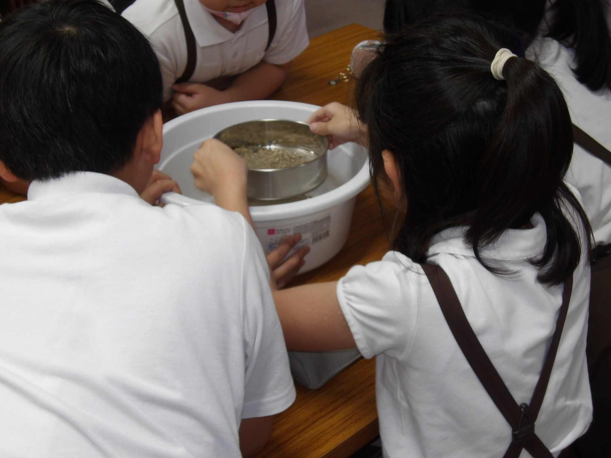 河川敷の砂に含まれたマイクロプラスチックを探す実験の様子