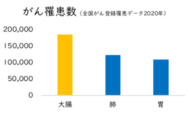 がん罹患数の棒グラフ（1位大腸、2位肺、3位胃）