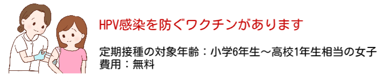 HPV感染を防ぐワクチンがあります。定期接種の対象は、小学6年生から高校1年生相当の女子。費用は無料です。