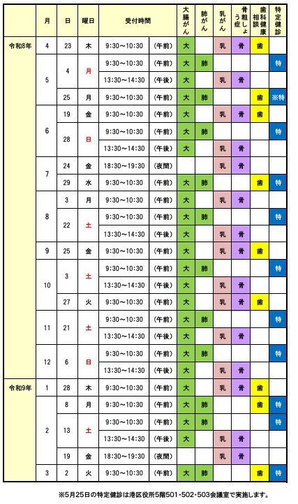 港区保健福祉センターがん検診・特定健康診査実施日程