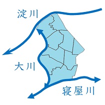 三方を川に囲まれた都島区の模式図