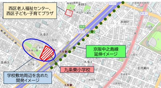 学校敷地周辺を含めた開発を前提とした場合の対象エリアの地図