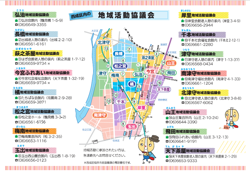 西成区内にある16の地域活動協議会の簡易マップです。