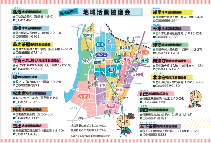 西成区内にある16の地域活動協議会の簡易マップです。