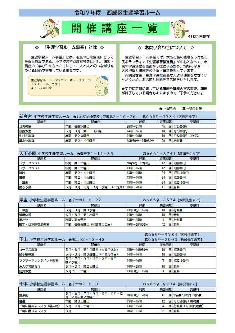 西成区生涯学習ルーム開催講座一覧