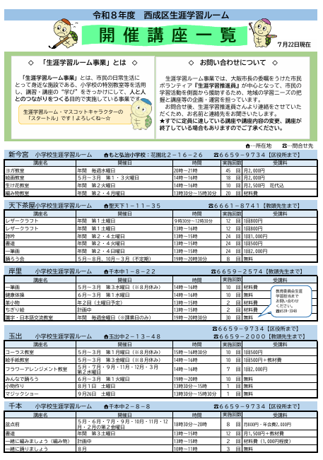 西成区生涯学習ルーム開催講座一覧