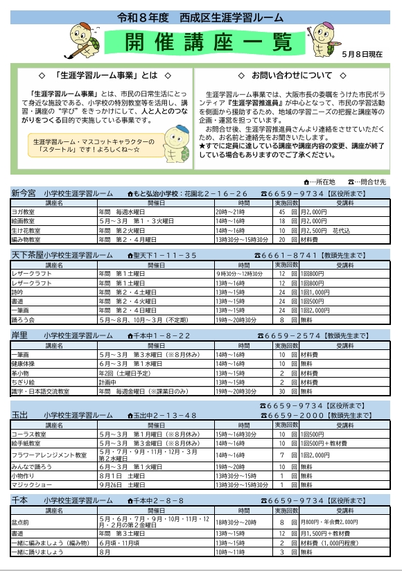 西成区生涯学習ルーム開催講座一覧