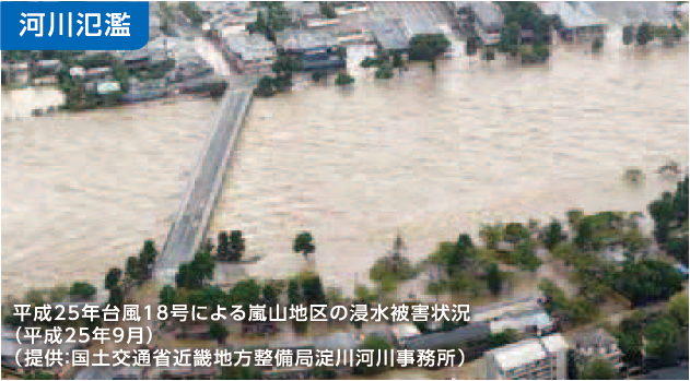 河川が氾濫し、茶色く濁った川の水が住宅地に流れ込んでいる写真