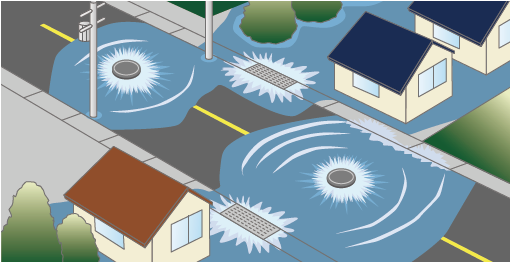 マンホールや排水溝から水があふれ出しているイラスト