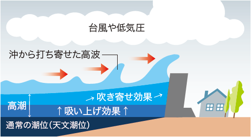 台風や低気圧による「吸い上げ効果」によって海面が上昇。さらに沖から海岸に向かって吹く強い風に伴う「吹き寄せ効果」により、海岸に近づくにつれて海面が大きく上昇し、海水が堤防を越えようとするイラスト。