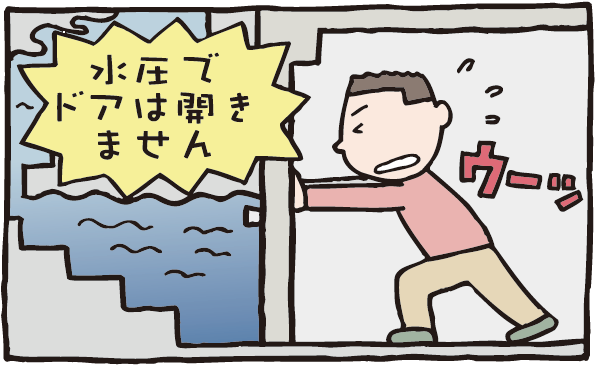 地下室の外が冠水し、水圧で開かなくなったドアを必死に開けようとする男性のイラスト。
