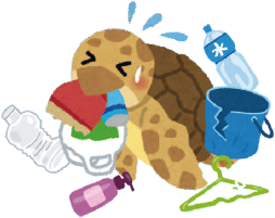 プラスチックゴミを食べてしまい、苦しそうなウミガメのイラスト
