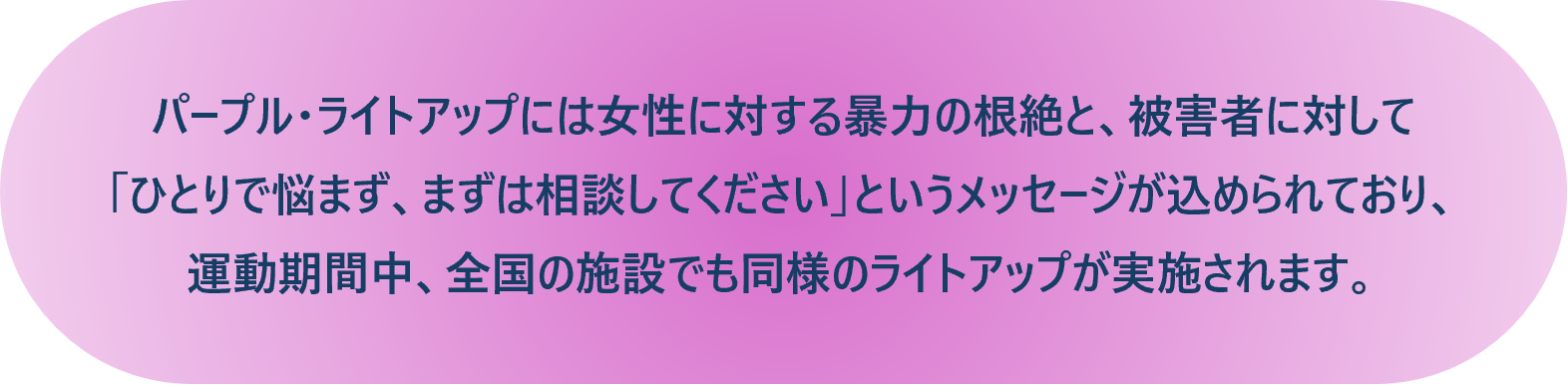 パープル・ライトアップには女性に対する暴力の根絶と、被害者に対して「ひとりで悩まず、まずは相談してください」というメッセージが込められており、運動期間中、全国の施設でも同様のライトアップが実施されます。