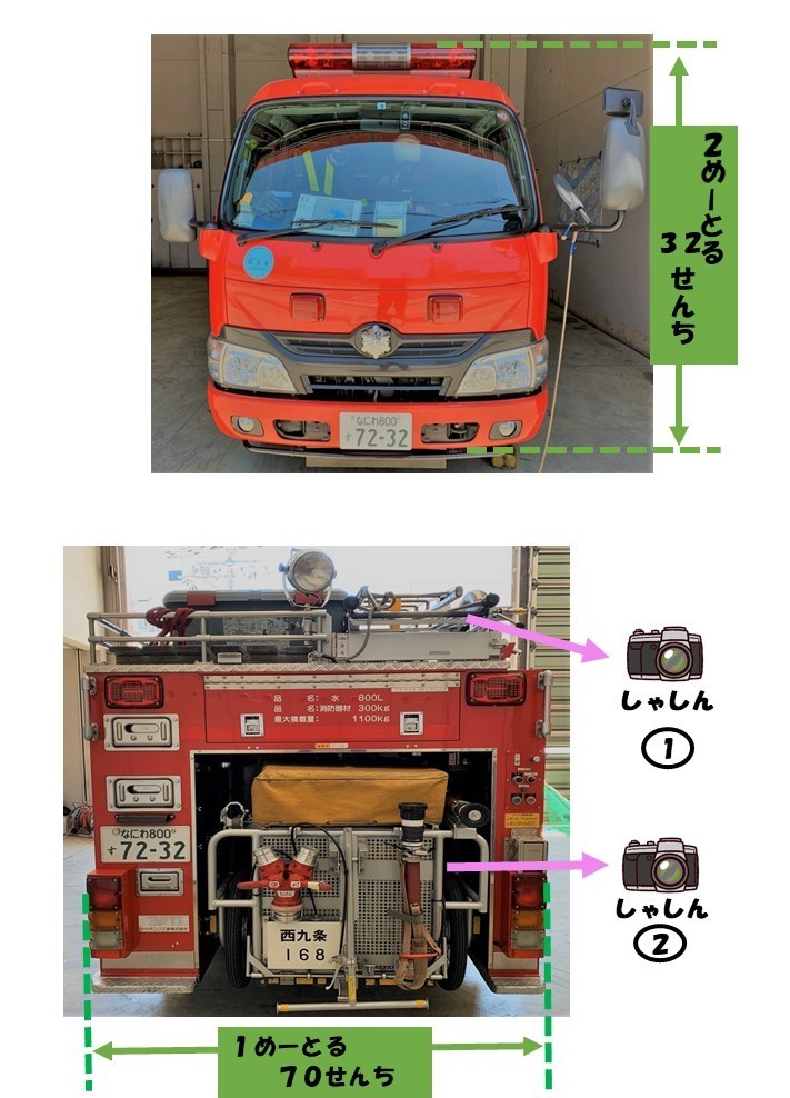 消防車正面と後ろから見た画像。高さ2メートル32センチ。後ろにはホースカーと折りたたみはしごがあるよ。