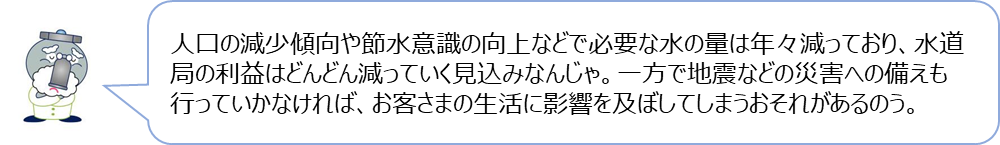 じゃぐ爺「人口の減少傾向や節水意識の向上などで必要な水の量は年々減っており、水道局の利益はどんどん減っていく見込みなんじゃ。一方で地震などの災害への備えも行っていかなければ、お客さまの生活に影響を及ぼしてしまうおそれがあるのう。」