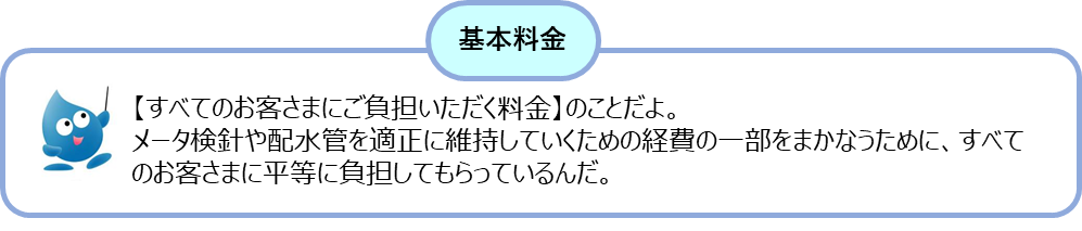基本料金とは・・・【すべてのお客さまにご負担いただく料金】のことだよ。メータ検針や配水管を適正に維持していくための経費の一部をまかなうために、すべてのお客さまに平等に負担してもらっているんだ。