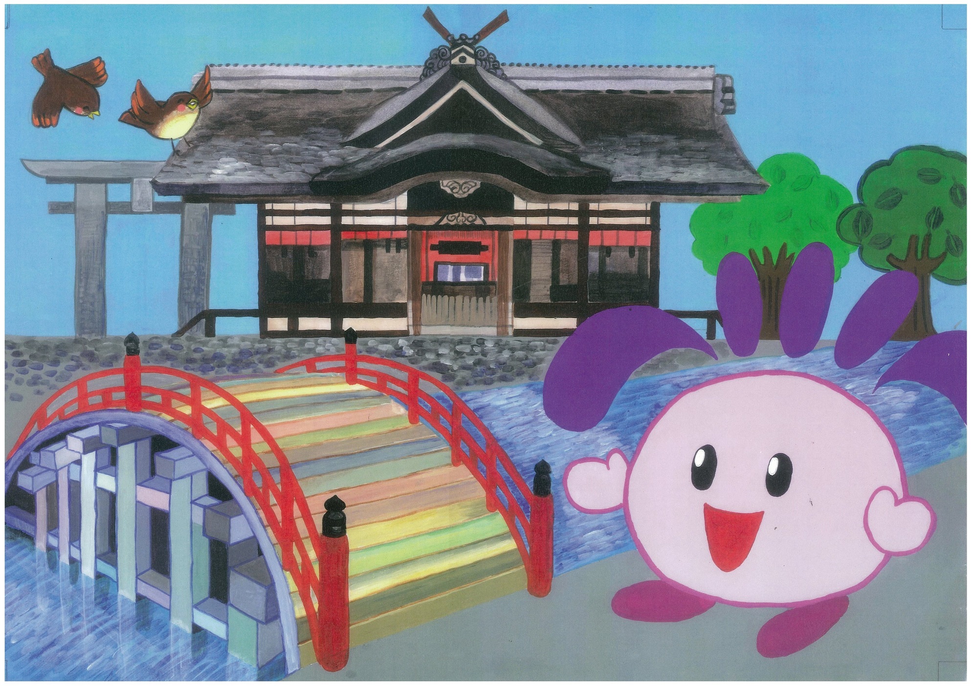 紙芝居ページ2すみちゃんが住吉大社前でご案内