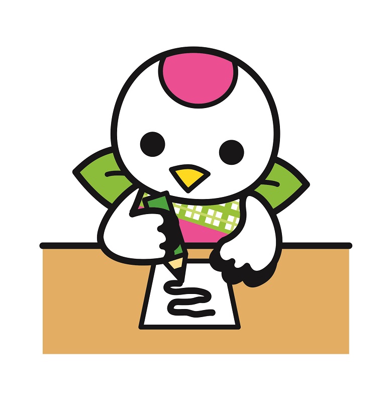 鶴見区マスコットキャラクターつるりっぷが紙に文字を書いている絵