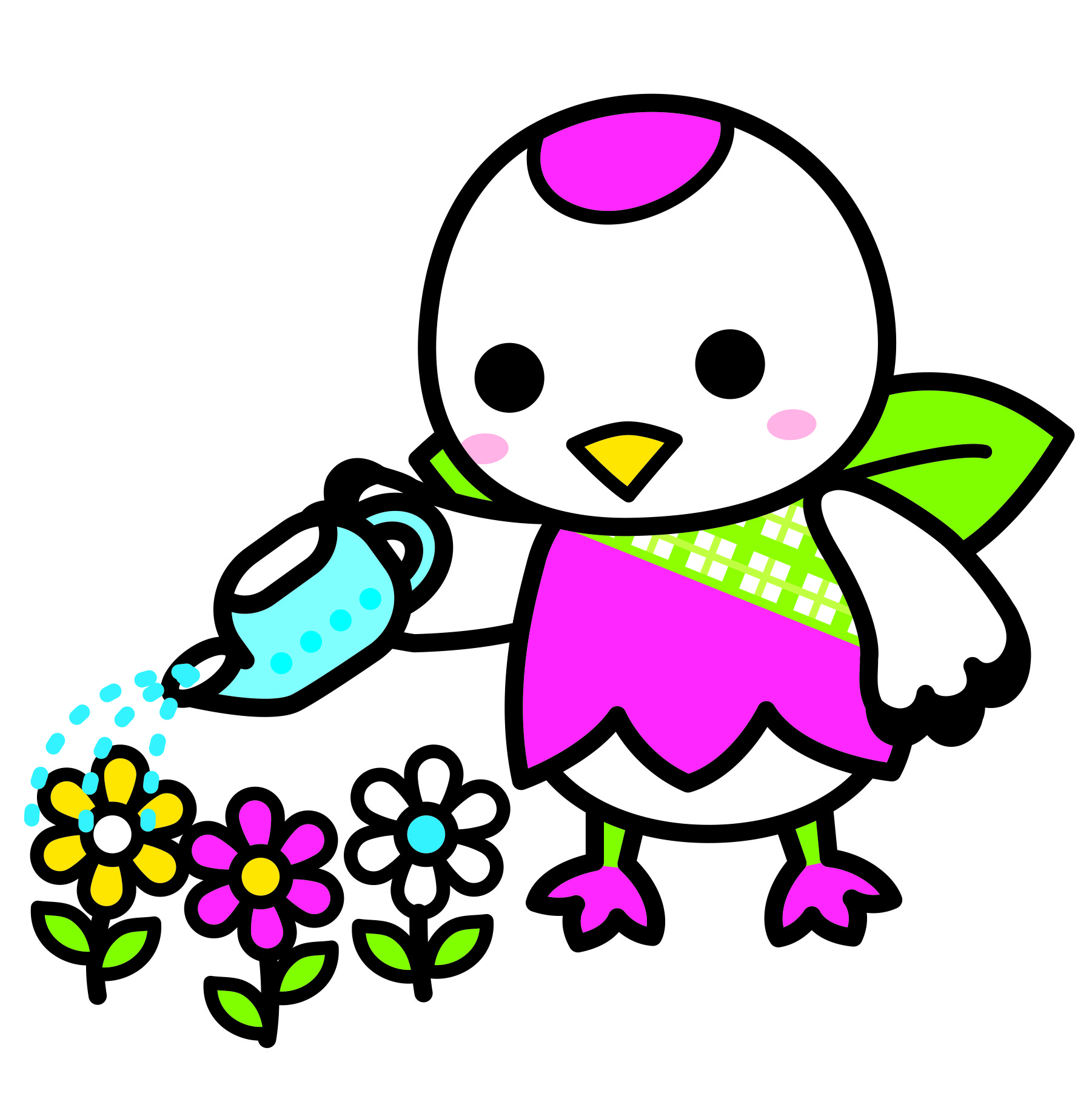 鶴見区マスコットキャラクターがじょうろで花に水をやっているイラスト