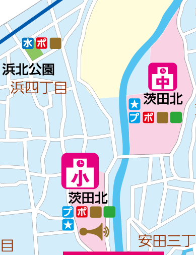 広報つるみ7月号7面　防災マップ　訂正後の茨田北地域の地図