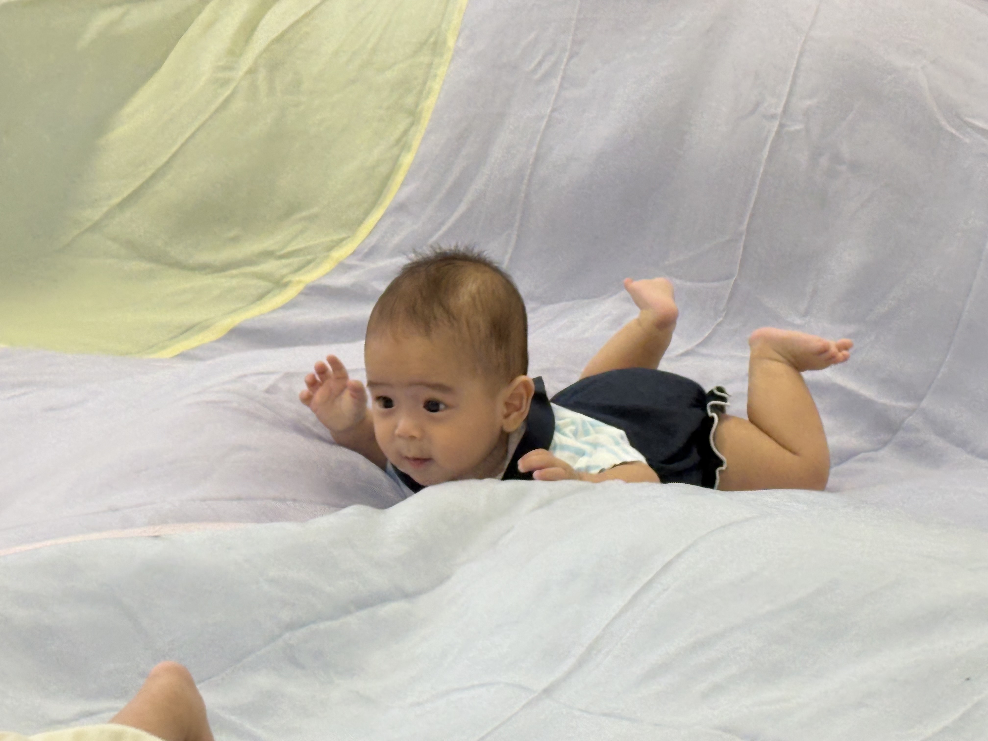 大きな布の上で遊んでいる子ども