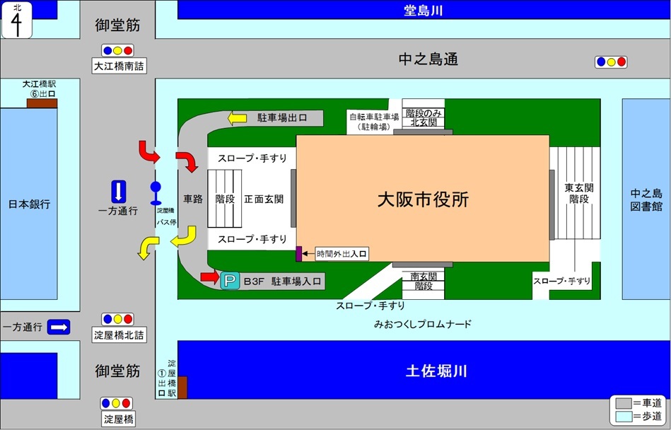 大阪市役所までの案内地図
