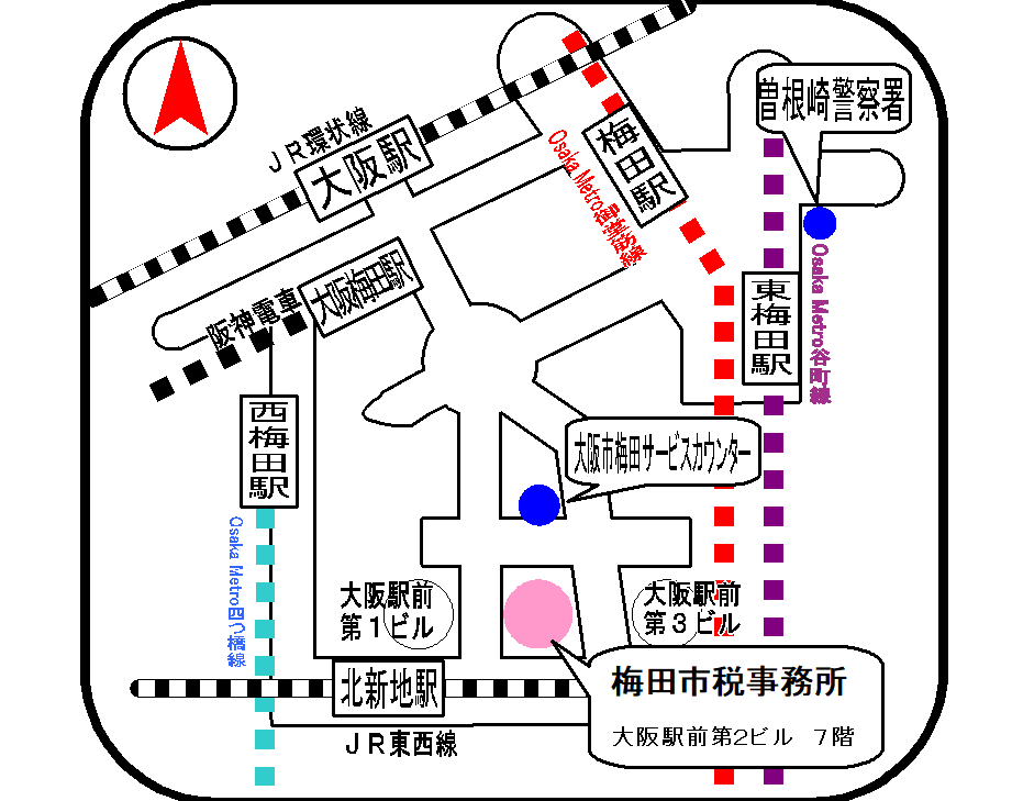 大阪市梅田市税事務所までの案内地図